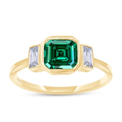AFFY Solitaire Engagement Ring, 6X6MM Asscher Shape Zambian Emerald Lab Grown Gemstone & Created Moissanite Wedding Rings for Her In 14K Gold Over Sterling Silver (1.10 Cttw)