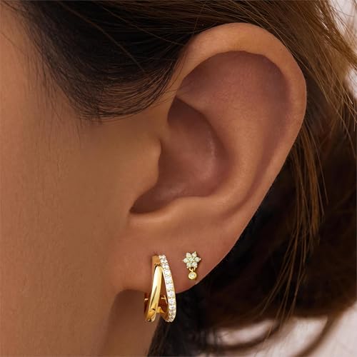 Gold Hoop Earrings Set for Women, 14K Gold Plated Dangle Cartilage Earring for Multiple Piercing, Dainty Gold Earrings Stacks3
