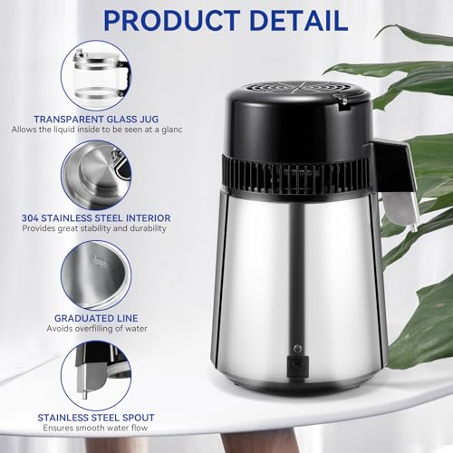 Annhua 4L Water Distiller 750W Distilled Water Machine with Stainless Steel Liner, Distilled Water Maker with Glass Container for Lab, Home, Offices, and Dental Clinic (No Carbon Filters)