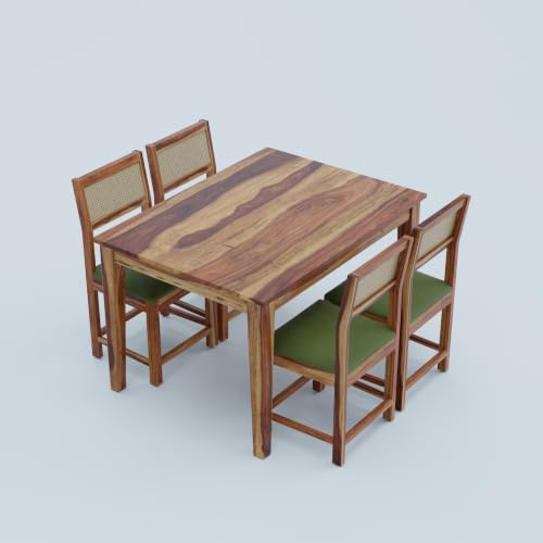 Image of DRIFTINGWOOD Amber Solid Sheesham Wood 4 Seater Dining Table Set with Rattan Back Chairs | Green Velvet Cushioned Seating for Home & Dining Room (Natural Finish, DIY)