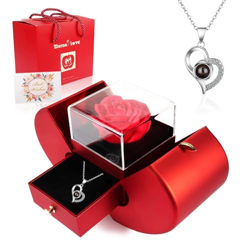 Preserved Real Rose with I love you Necklace 100 Languages, Gifts for Girlfriend, Women, Mom, Wife, Gifts Idea on Christmas, Valentine's Day, Mother's Day, Birthday, Anniversary, Thanksgiving