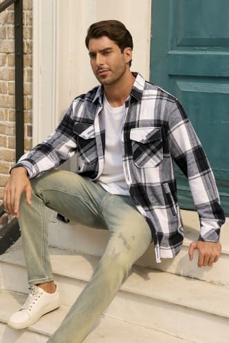 Image of Cromoncent Mens Boys Thick Flannel Shirt Long Sleeve Shirt Jacket Casual Button Down Multi Pockets Shacket