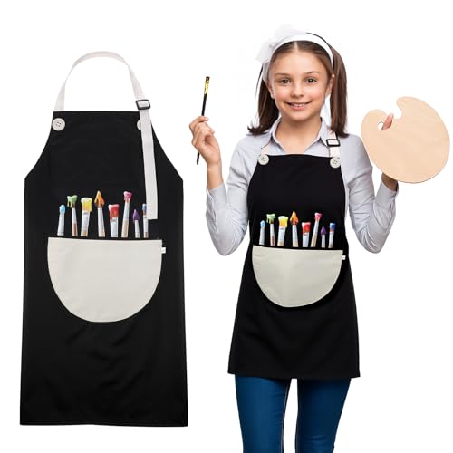 Lnngub Malschürze Kinder, 60 x 46 cm Kinder Schürzen mit Taschen Verstellbare Kleinkind Bastelschürze zum Malen, Kochen, Backen, DIY Basteln(Schwarz)