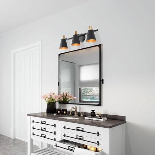 KSANA Modern Black Vanity Light, Farmhouse 3-Light Bathroom Lighting Fixture with Electroplated Brass Accents, 22”L x 7”W x 7.5”H