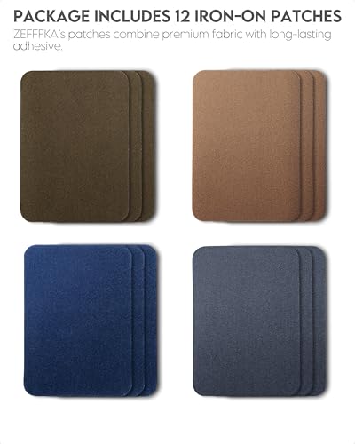 ZEFFFKA Premium Quality Fabric Iron-on Patches Inside & Outside Strongest Glue 100% Cotton Deep Blue Khaki Gray Brown Repair Decorating Kit 12 Pieces Size 3" by 4-1/4" (7.5 cm x 10.5 cm)