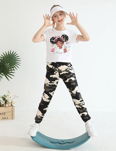 Image of mksodop Girls Outfit Set Graphic T Shirt and Camo Jogger Pants Cute Casual Clothes for Girls 5-16 Years