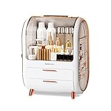 Große Kapazität und staubfrei: Die Make-up-Organizer-Box mit Deckel speichert Ihre Kosmetikartikel in verschiedenen Formen. Verziert mit durchsichtigem Deckel und Schubladen, die Ihre Kosmetika vor Staub und Wasser schützen, können die unteren zweistöckigen Aufbewahrungsschubladen Lippenstifte, Lippengele, Make-up-Pinsel, Schönheits-Gadgets. Die beiden Seiten der Aufbewahrungsbox sind mit Stellen ausgestattet, an denen Ohrringe und Halsketten platziert werden können, um Platz zu nutzen.