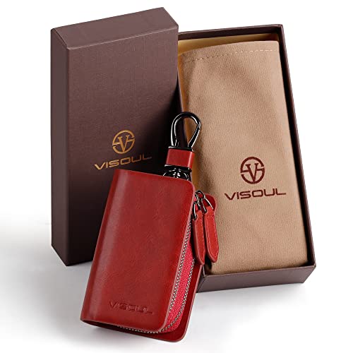 Image of VISOUL Car Key Case Holder Double Zipper, Leather Car Smart Key Fob Case with Keychain for Men and Women