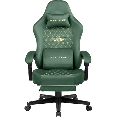 GTPLAYER Chaise de Gaming Ergonomique en Tissu - Charge maximale : 150 kg - Réglable et rotative - avec Coussin d'assise à Ressort et Repose-Pieds - Vert