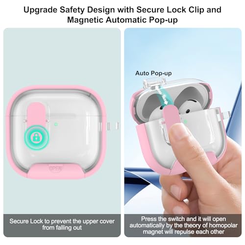 Image of Aircawin for Airpods 4 Case Clear,Secure Lock for Airpods 4th Generation Case Cover with Phone Stand and Magsafe Function,Auto Pop-up,Hybrid Protection Design with Carabiner&Cleaning Pen-Pink