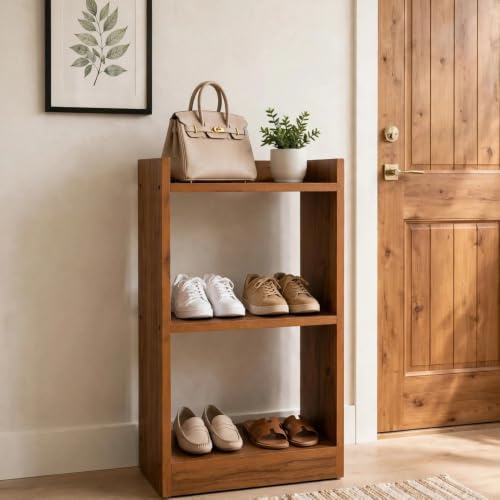 Image of SBF Furniture 3 Tier Wooden Bookshelf, Engineered Wood Book Rack, Multipurpose Storage Shelf for Books, Decor & Kitchen, Compact Space-Saving Shelf (Yellow)