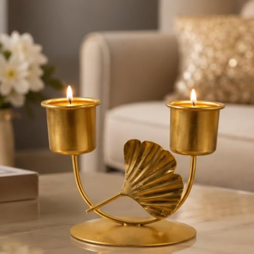 Image of Webelkart Premium Decorative Candlestick Holder for Home and Dining Table Decor /Tealight Candle Holder for Home and Office Decor - (6.5 inches Gold) (Gold-Dubble Cancle)