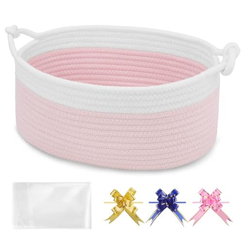 BOSROTY Baby Gift Baskets Empty with Handle Small Woven Basket with Gift Bags and Ribbons Decorative Organizer Box for Baby Pet Toy 12 x 8 x 5 White & Light Pink