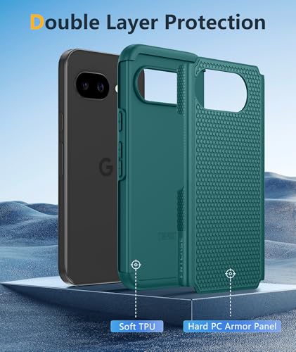 Image of FNTCASE for Google Pixel 9A Case: Dual Layer Protective Heavy Duty Cell Phone Cover Shockproof Rugged with Non Slip Textured Back - Military Protection Bumper Tough - 2025, 6.3 inch (Green)