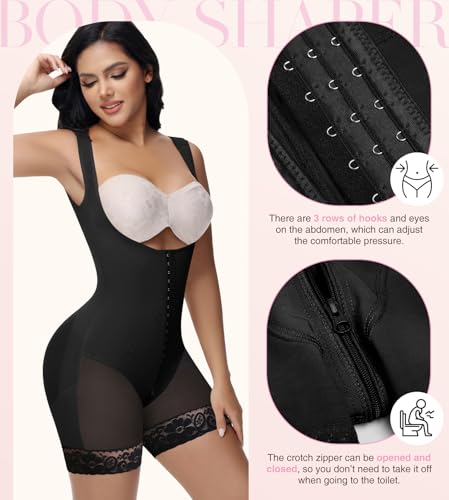 Image of SHAPSHE Open Bust Tummy Control Full Body Shaper Mid-Thigh Bodysuit | Front Hook Closure | Adjustable Strap Fit | Crotch Zipper | Lace Leg Finish | Mid-Thigh Coverage