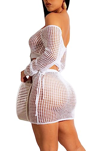 2 Piece Outfits Knitted Cover up Set Crochet Long Sleeve One Shoulder Hollow Top Drawstring Skirt Beach Cover up Set2
