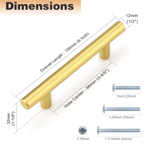 Image of Probrico 30 Pack 3-3 /4 Inch Center-to-Center Kitchen Cabinet Pulls T Bar Gold Cabinet Handles Modern Drawer Hardware Dresser Pulls, 6 Inch Total Length
