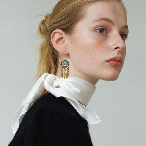 Boho Turquoise Drop Earrings Retro Long Copper Feather Tasse Metal Leaf Dangle Earrings Vintage Country Western Jewelry Cowgirl Ethnic Style Geometric Concert Festival Accessories for Women2