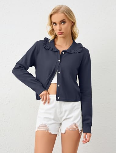 Image of Ythomm Womens Ruffle Collar Cropped Cardigans Button Down Open Front Long Sleeve Knit Sweater Jackets Casual Solid Fall Tops