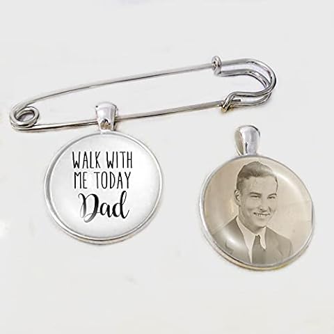 GuteGifts Personalised Wedding Bouquet Photo Bridal Charm with Lapel Pin Bride Remembering the Father of Bride Boutonniere Custom Memory Memorial Keepsake with Quote - Dad Walk With Me (White) Cover