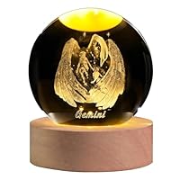 QIANCHANG 3D Laser Etched Gemini Crystal Ball with LED Light Stand, Constellation Decor Glass Sphere Lamp, Zodiac Astrology Birthday Gifts for Women Kids