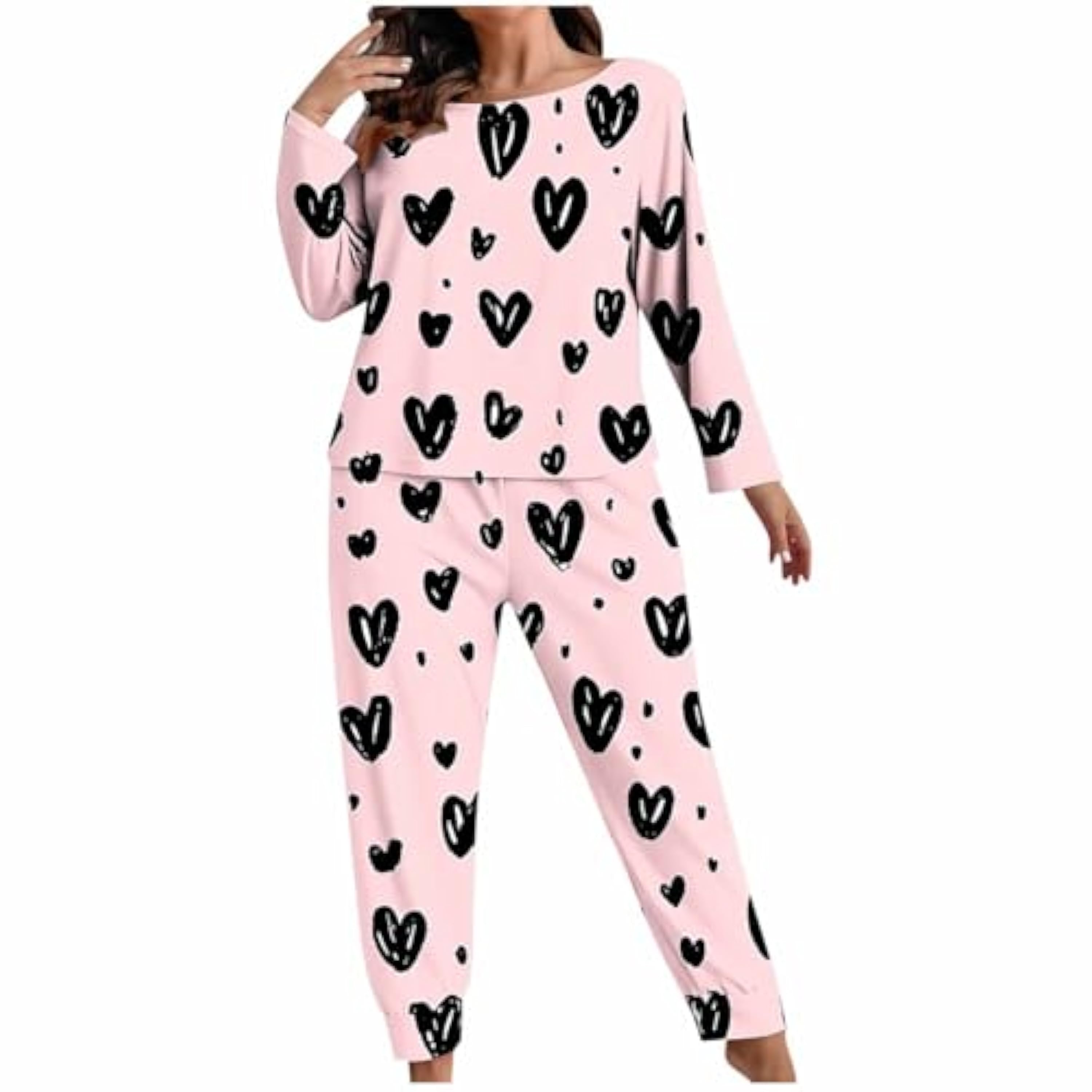 Pijamas de talla grande para mujer, conjunto de camiseta de manga larga y pantalones, pijama de 2 piezas con estampado de corazón, pijama cómodo para el día de San Valentín, pijama casual, divertido