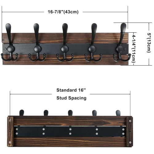 Image of SKOLOO Rustic Wall Mounted Coat Rack - 17 inch Long Coat Hooks for Wall with 5 Triple Hooks for Hanging Coats, Hats or Tools - Kitchen, Mudroom, Entryway, Bathroom, Wood Brown & Black
