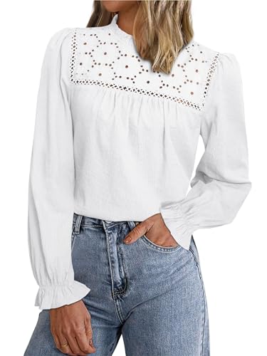 Simplee Womens Eyelet Long Sleeve Tops Crochet Boho Lace Blouses for Women Dressy Casual Work Fall Trendy Shirts