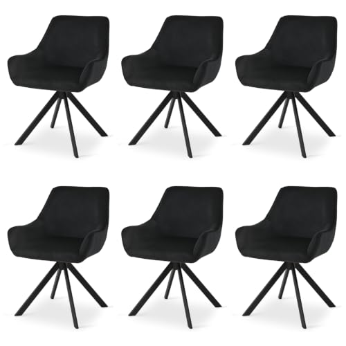 Image of Set of 6 Chairs 360 Degree Rotating Legs Stylish Stylish, Modern, Elegant & Comfortable Velvet Arms Chairs for Dinning Living Hotel Cafe (Black Velvet Set of 6)