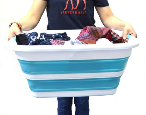 Image of SAMMART 41L(10.8 gallon) Collapsible Plastic Laundry Basket-Foldable Pop Up Storage Container-Portable Washing Tub-Space Saving Basket,Water capacity 31L(8.2 gallon) (1, Bright Blue)