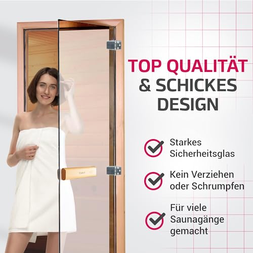 Suleno® Hochwertige Saunatür mit Zarge | Komplettset | 70 x 190 cm | Robuste Konstruktion | Inklusive Holzgriff - Demmelhuber (Kristallklar)