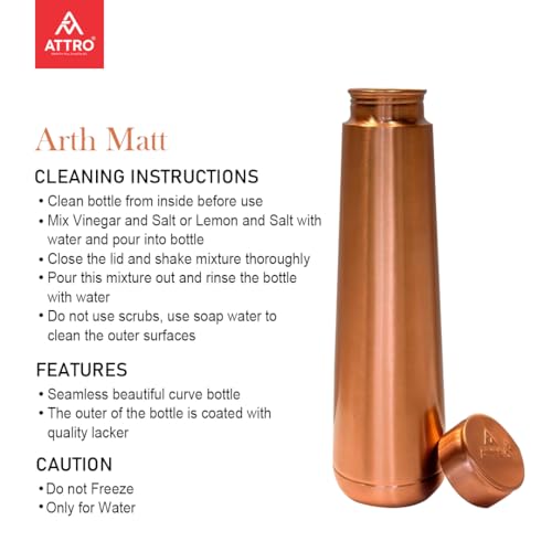 Image of ATTRO Arth Copper Bottle Design Boosts Immunity Leakproof & Lightweight |Anti-Bacterial, BPA Free with Secure Cap for School, Travel, Gym & Work 900ml Matt