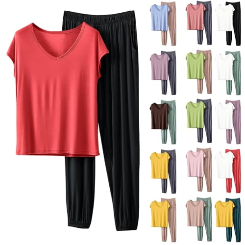 Image of HGps8w Women's Modal Soft Summer Pajamas Sets, Loose V Neck Short Sleeve Top Joggers Pants Matching 2 Piece Lounge Outfits