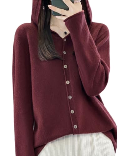 Image of Cashmere Sweaters for Women Button Down V Neck Hooded Cardigan Casual Loose Long Sleeve Soft Knit Pullover Tops