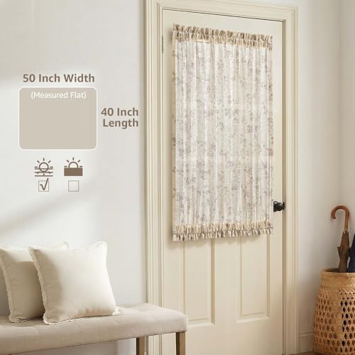 Image of jinchan Floral French Door Curtain Panel Farmhouse Decor Light Filtering Linen with Tie Up Bow for Glass Door or Patio 40 Inch Length Rod Pocket 1 Panel Taupe on Linen
