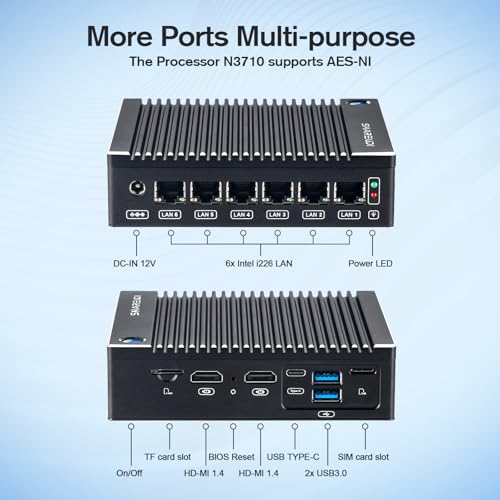 Image of Fanless Firewall Appliance 6X Intel i226 LAN Mini PC Intel N3710 4C /4T, Network Gateway Soft Router AES NI HD /Type-C /SIM Card /TF, Test with P-F-Sense /OPN-Sense（8G DDR3 RAM 240G mSATA SSD）