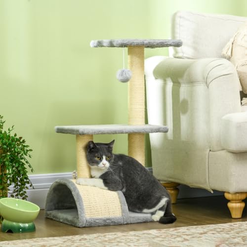 BAKAJI Albero Tiragraffi con Graffiatoio ad Arco e Base Antiscivolo, Struttura Salvaspazio per Gatti Multi Attività a 3 Livelli e Rivestimento in Peluche Morbido, 40 x 35 x 72 cm (Grigio Chiaro)