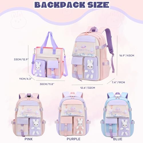 LANSHIYA Kawaii Bunny Backpack For Girls - Cute School Bookbag With 180° Zipper, Water-Resistant, Purple - View #9