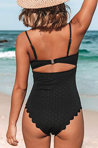 CUPSHE Women's One Piece Swimsuit Sexy Black Cutout Scallop Trim Bathing Suit2