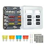 6-Way Fuse Box Blade Fuse Block Holder Screw Nut Terminal W/Negative Bus 5A 10A 15A 20A Free Fuses LED Indicator Waterpoof Cover for Automotive Car Marine Boat
