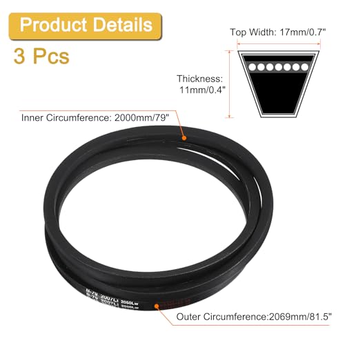 Image of uxcell 3 Pack B79 Classic Wrapped V-Belt, 81 inch Outside Circumference Wrapped Industrial Rubber V-Belt B Profile V-Belt for Industrial Machinery Equipment, Black