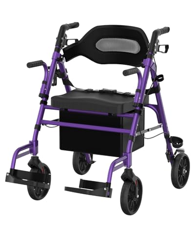 Fvzzin Walkers for Seniors with Seat Extra Wide 2 in 1 Rollator Walker & Transport Chair with Reversible Backrest & Detachable Footrests Foldable Wheelchair Combo with 8 Anti-Slip PU Wheels Purple