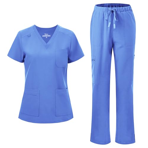 floralhue Scrubs for Women V-Neck Scrubs Top & Cargo Pants with 12 Pockets Yoga Waistband 4 Way Stretch Ceil Blue M