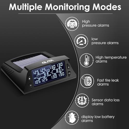 GUTA RV Tire Pressure Monitoring System - 8 External Sensors (0-188 PSI) RV TPMS, Solar Charging, 6 Alarm Modes, High-end Backlight LCD Display, Automatic Sleep Mode