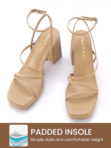Image of Shoe'N Tale Platform Heels for Women Strappy Block Chunky Heels Square Toe Ankle Buckle Sandals