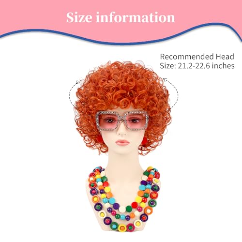 Image of Women Roper Curly Orange Red Cosplay Wig with Necklace Earrings and Sunglasses for Women Hallween Costume Wig