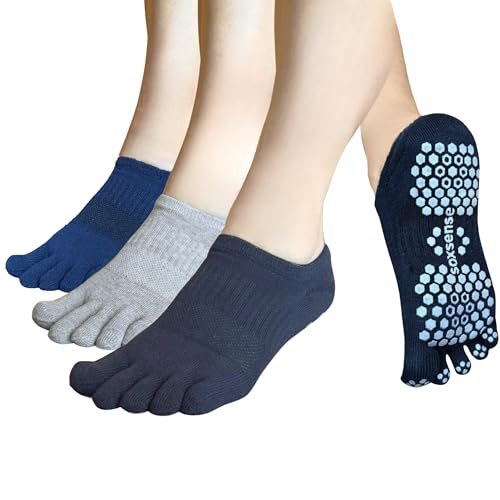 Soxsense Pilates Grip Toe Socks for Women & Men, Cushioned Low-Cut Five Finger Socks Non Slip for Yoga, Barre, Gym (US, Alpha, Large, Regular, Regular, Navy/Grey/Black)