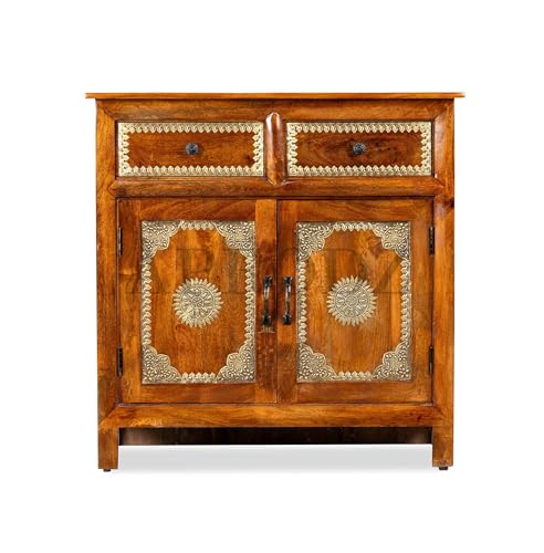 Image of APRODZ Hand-Painted Solid Wood Sideboard Cabinet with 2 Doors & 2 Drawers | Brass Fitted Wooden Storage Cabinet for Bedroom Living Room & Kitchen | Crockery Cabinet, Kitchen Storage, 36x16x36