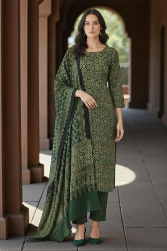 Image of Eddika naturally dyed women's unstitched 2-piece Ajrakh Hand Block Printed Modal Silk dress material. (Top & Dupatta) Endmstpss029