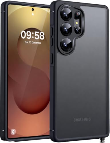 Image of Frosty Case for Samsung Galaxy S25 Ultra 5G | Shockproof Armor, Anti-Scratch Hard PC Back, Soft TPU Bumper, Camera Lens Protection, Wireless Charging Compatible | Translucent Matte Back Black